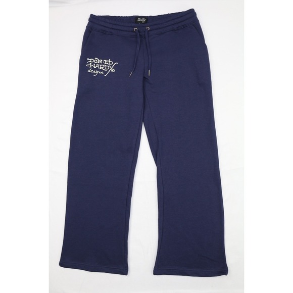 Ed Hardy Womens Broken Hearts  Sweatpants Wide Leg Y2K Navy Eclipse L  Fleece - Picture 2 of 16